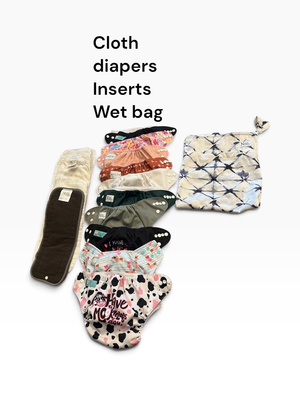Cloth Diapers  10 with 13 Inserts and Wet Bag - Multi Color